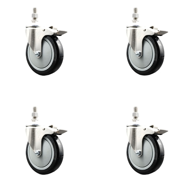 Service Caster 5 Inch 316SS Black Polyurethane Wheel Swivel 10mm Stem Caster Set Lock Brake SS316TSTTL20S514-PPUB-BLK-M1015-4 - main